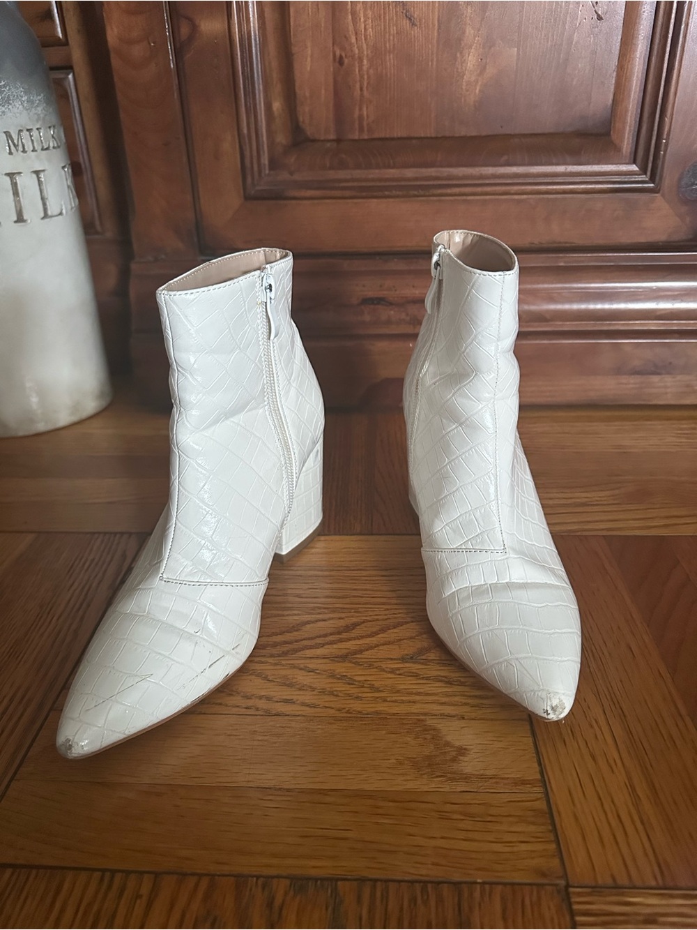 Nasty Gal White Croc-Embossed Pointed Toe Ankle Booties